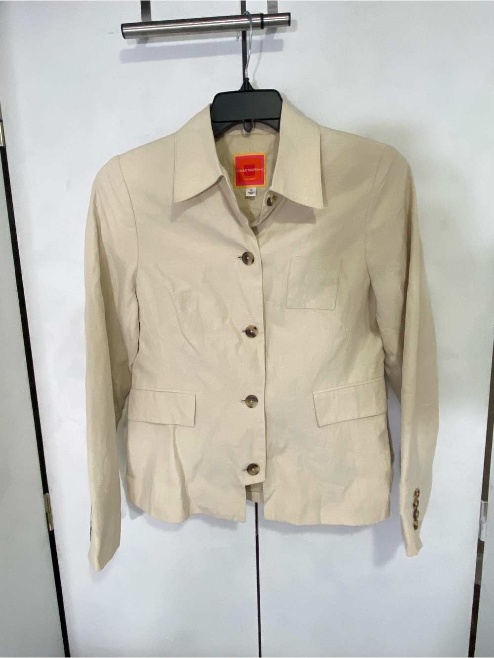 Isaac Mizrahi Beige Button-Front Women’s 12 Silk Blend Blazer Career Office